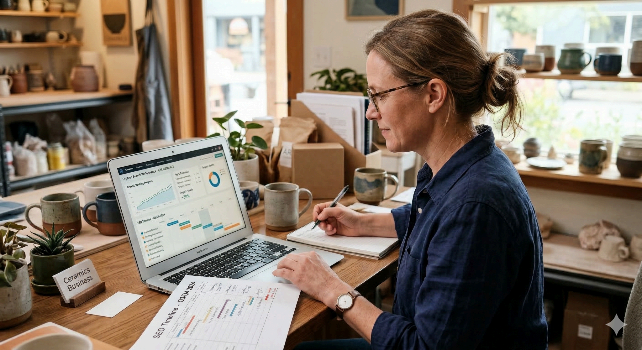 Small business owner at a ceramics shop reviewing SEO timeline and organic search ranking progress on laptop